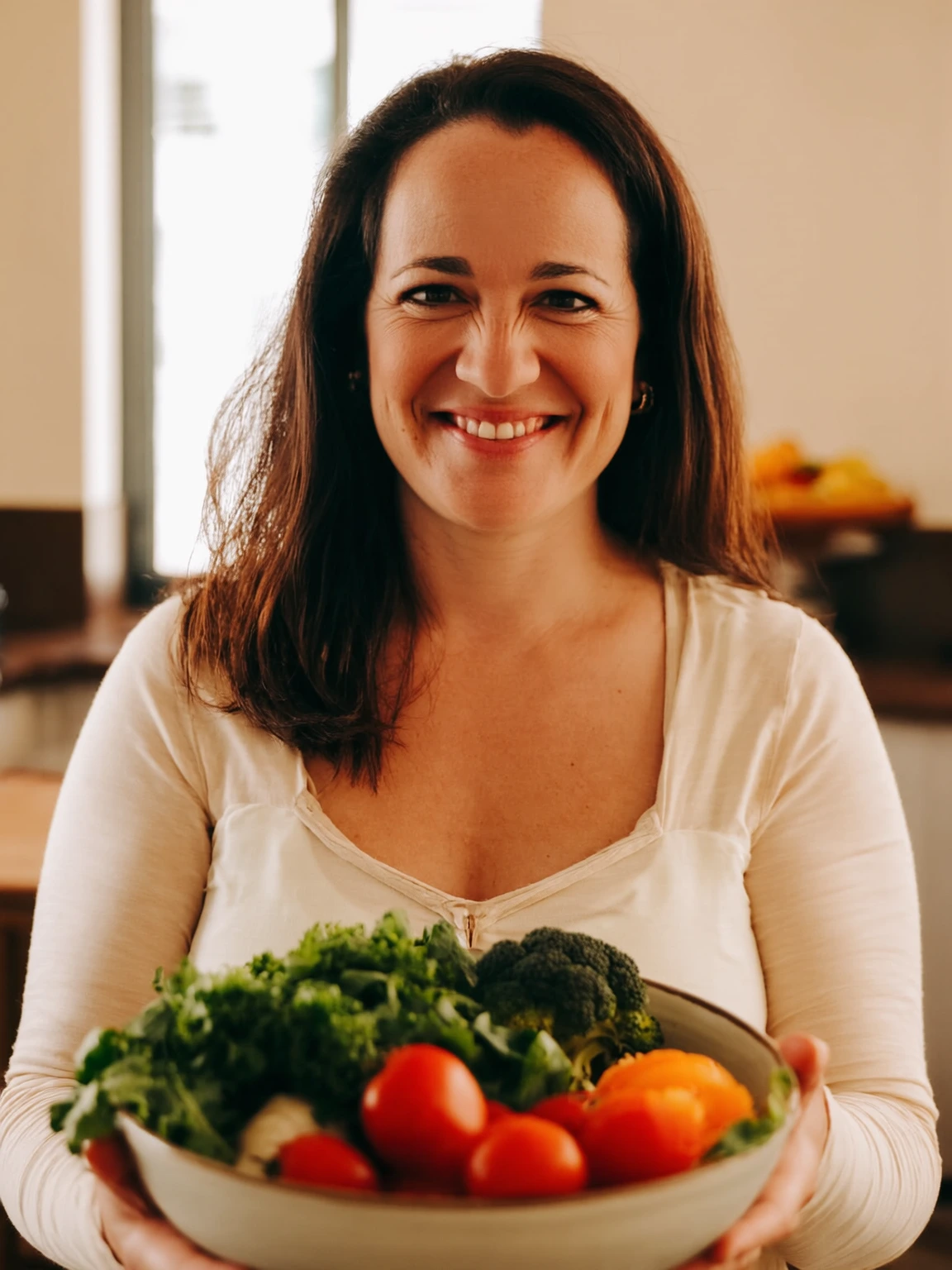 Paula Castro segurando alimentos frescos